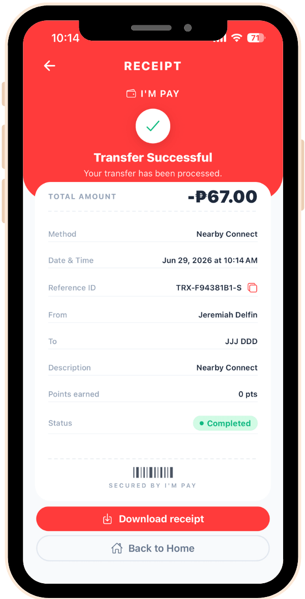 Nearby Connect transfer receipt
