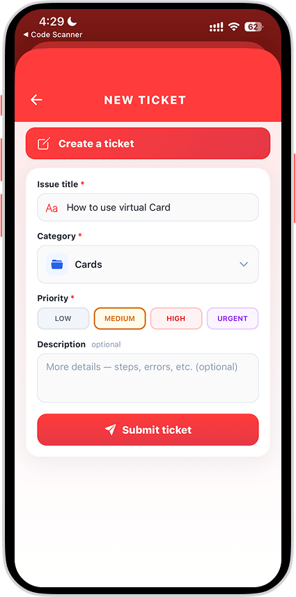 Submit Ticket screen 1