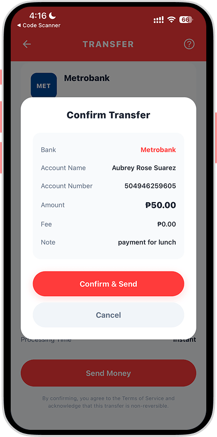Bank Transfer screen 5