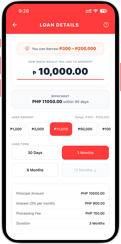 Loan amount and term selection