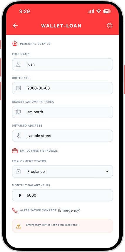 Required details form