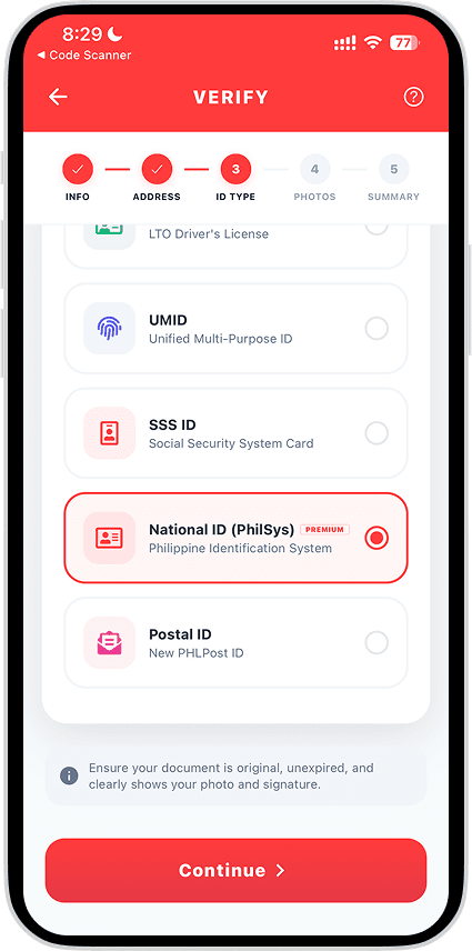 impay government ID type selection screen