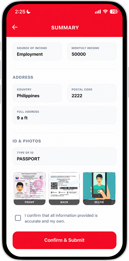 impay KYC review summary and submission success screen