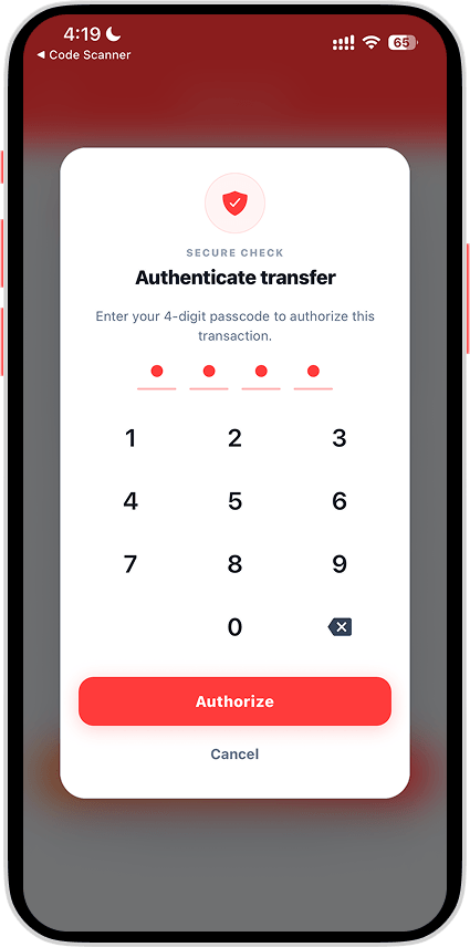 Authenticate transfer with passcode