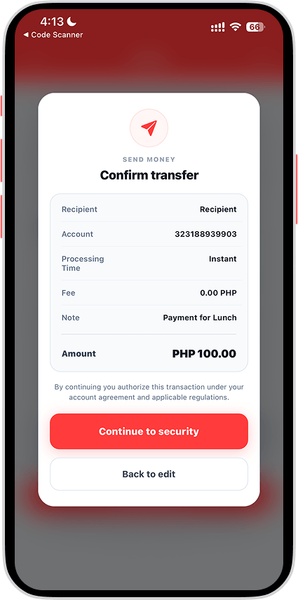 Send Money screen 2