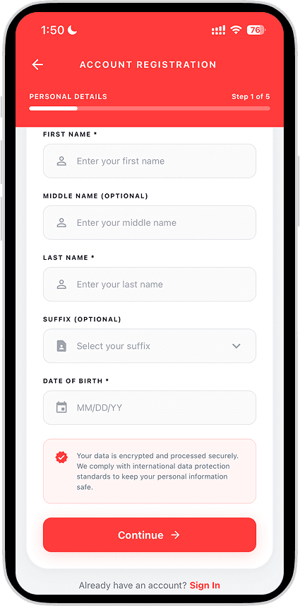 I'MPay account registration personal details screen