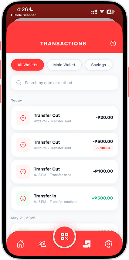 Transaction History screen