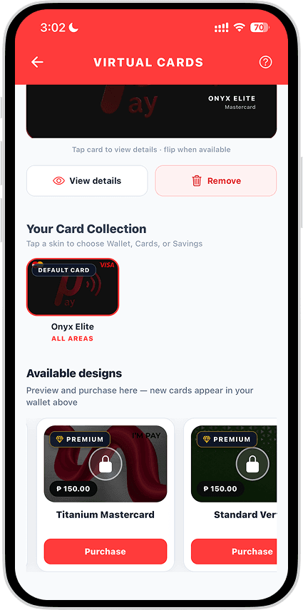 I'MPay buy virtual cards screen