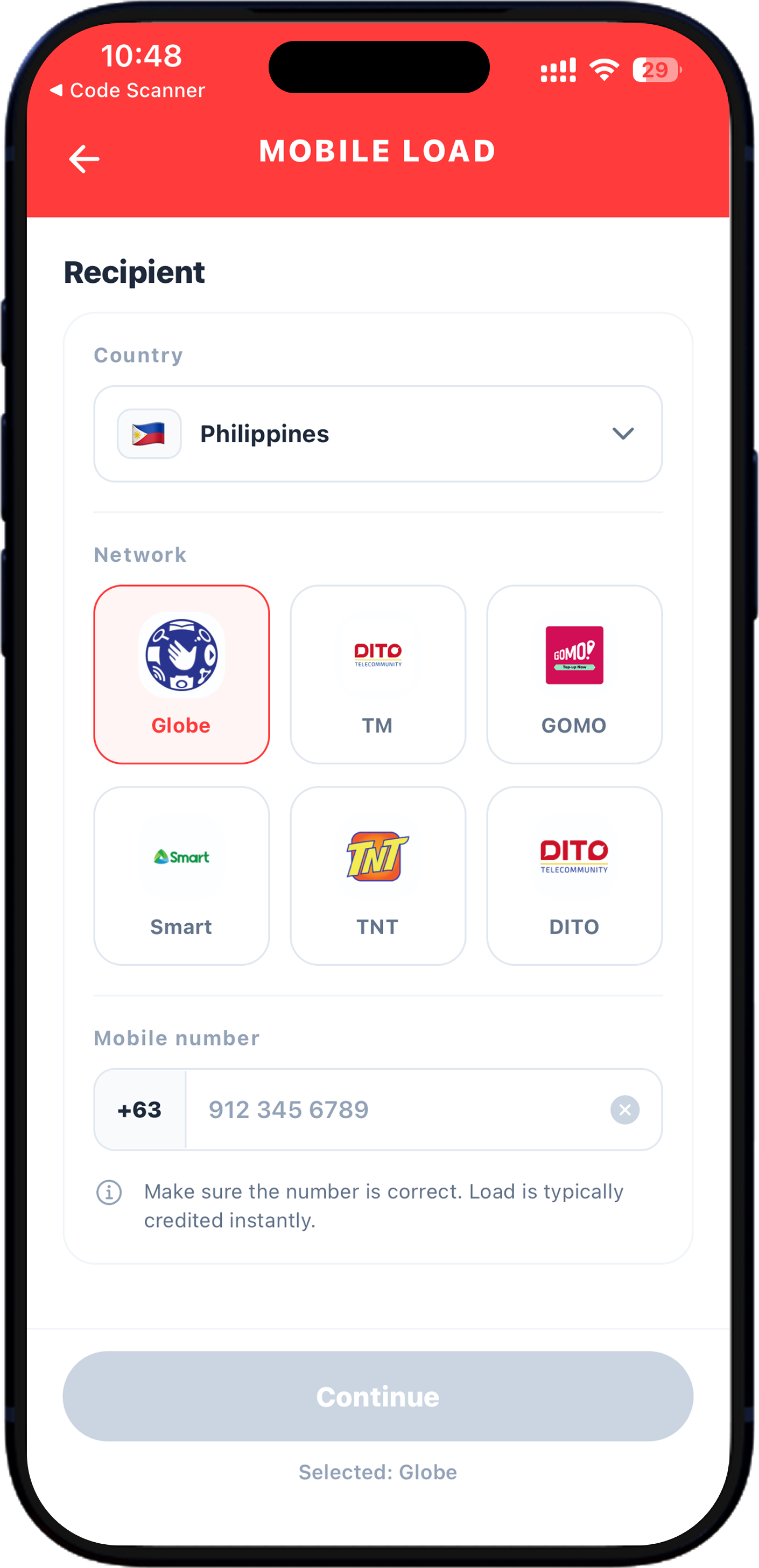 I'm Pay mobile load app screens
