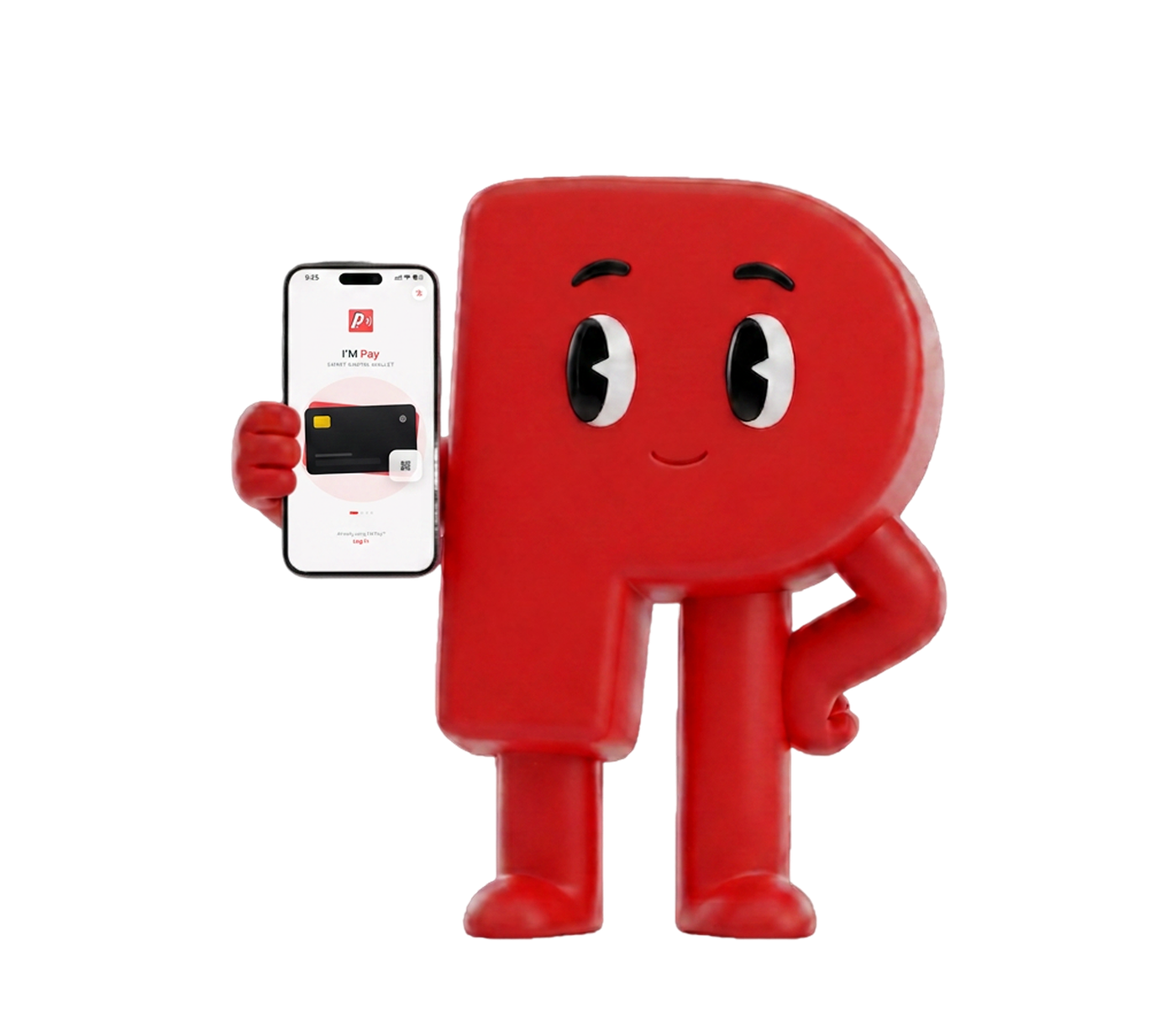 Pay, the impay mascot holding a phone with the impay app